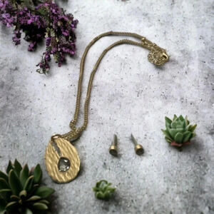 Gold Plated Rhinestone Pendant Necklace & Rhinestone Stud Earrings